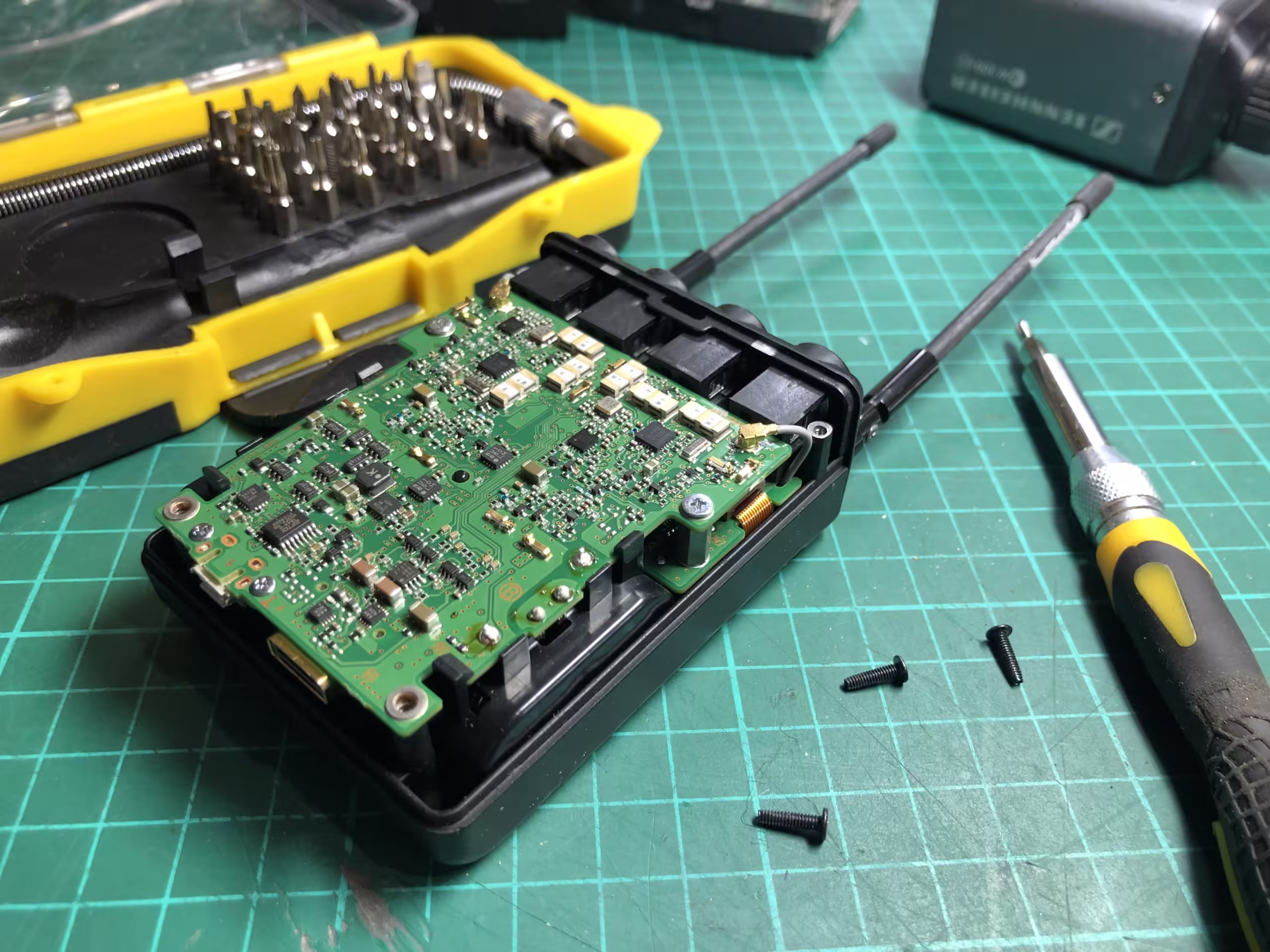 A Sony Radio Mic Receiver undergoing repairs on as part of regular servicing and maintenance
