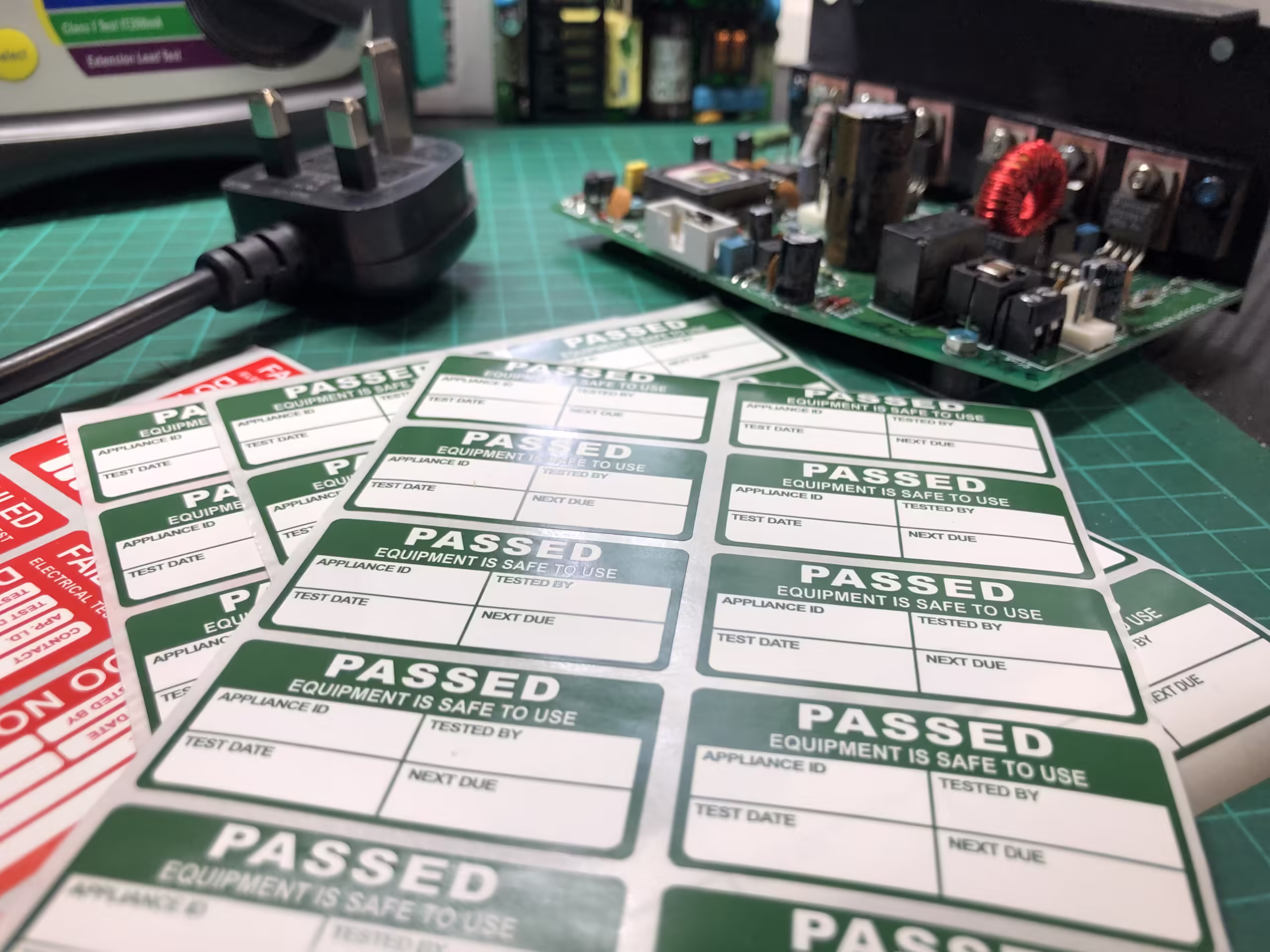 Close up photo of a PAT testing passed sticker whilst a power supply is being serviced in the background