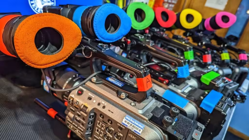 Six of our Sony FX9s lined up being tested ahead of a multi cam hire with colour matched viewfinder covers and labelling