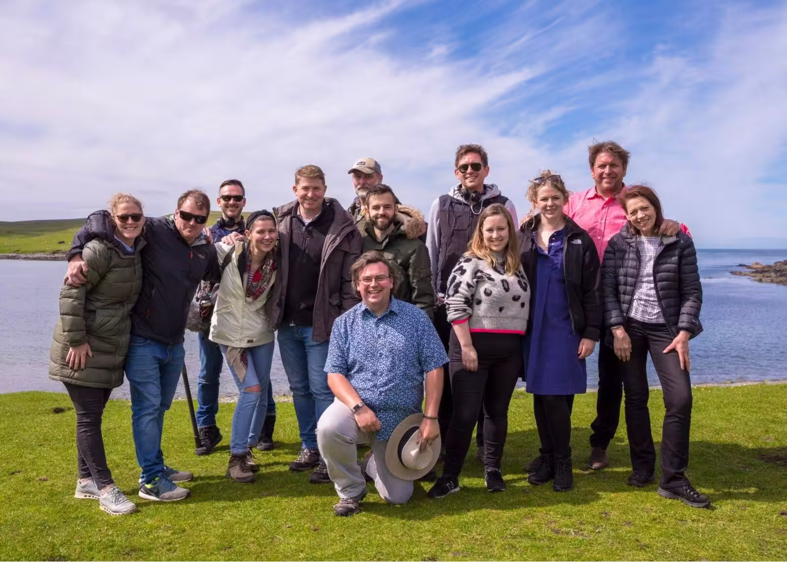 A group photo including James Bailey taken in on location whilst filming James Martin’s Islands to Highlands