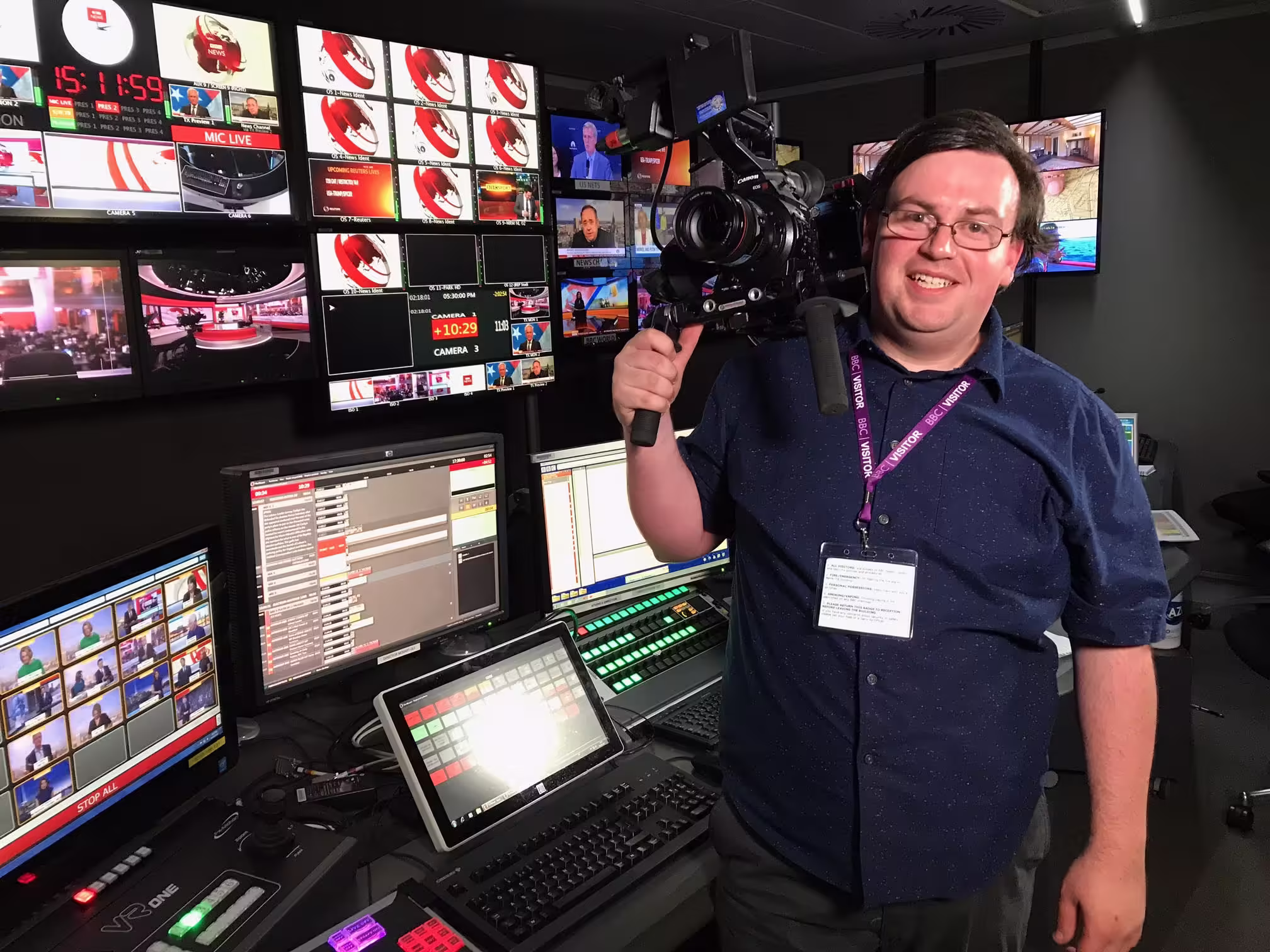 A photo of James Bailey on location in the gallery of Studio E at BBC New Broadcasting house whilst filming for Points of View