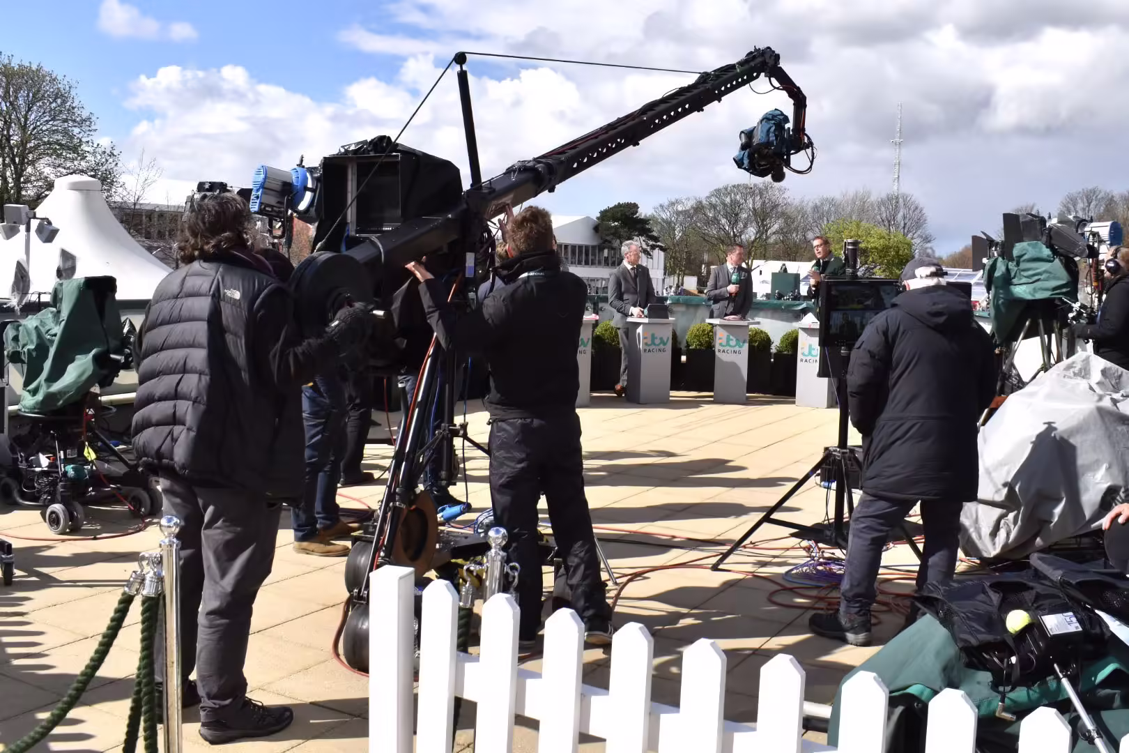 A photo of James Bailey and Craig Hale assisting on Jimmy Jib for presenter links during ITVs coverage of The Grand National hose race.